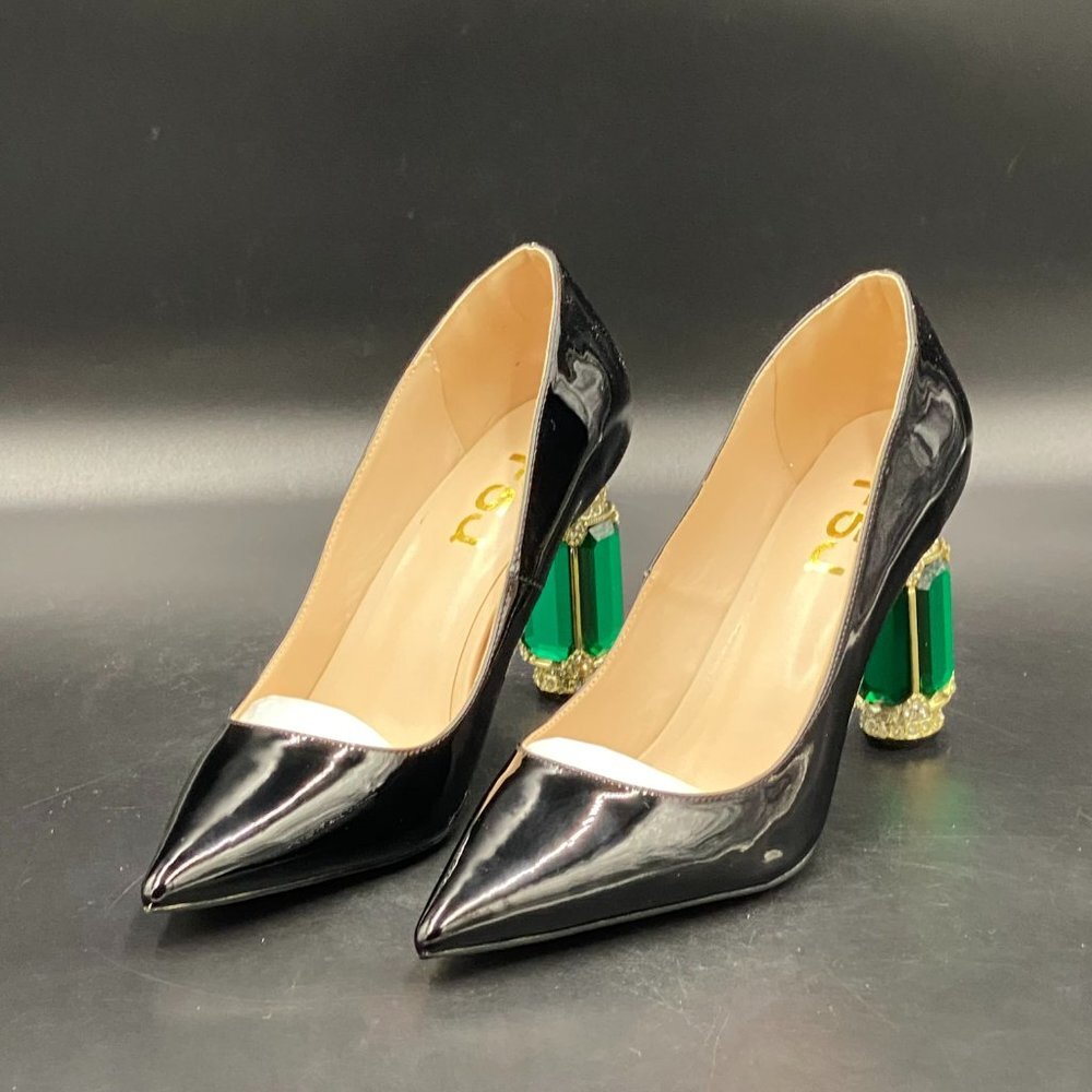 FSJ black patent leather pointy toe crystal chunky mid heels slippers shoes